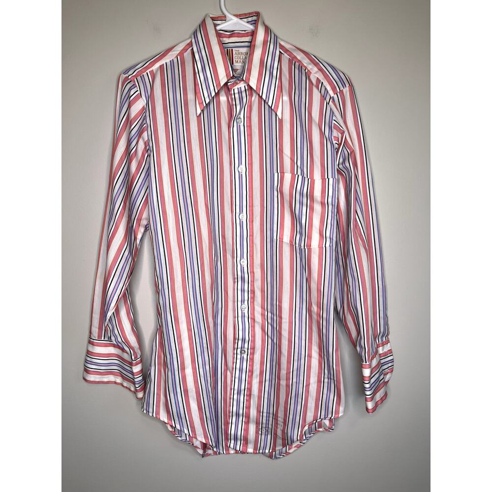 1970s Arrow Collar Man Pink Blue White Stripe Sanforized Disco Dagger Shirt L
